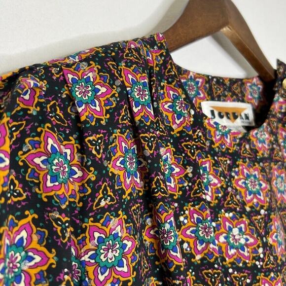 Jordan Vintage Black Floral Scrunch Waist Long Sleeve Blouse Size 4 - Picture 4 of 7